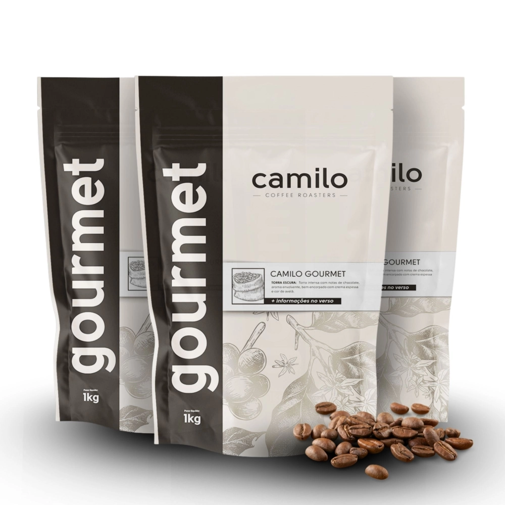 Kit Café Camilo Gourmet: 3 Pacotes de 1Kg EM GRÃOS 100% Arábica + Porta Filtro Camilo