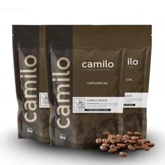 Kit Café Especial Camilo Black: 3 Pacotes 1Kg EM GRÃOS 100% Arábica + Porta Filtro Camilo