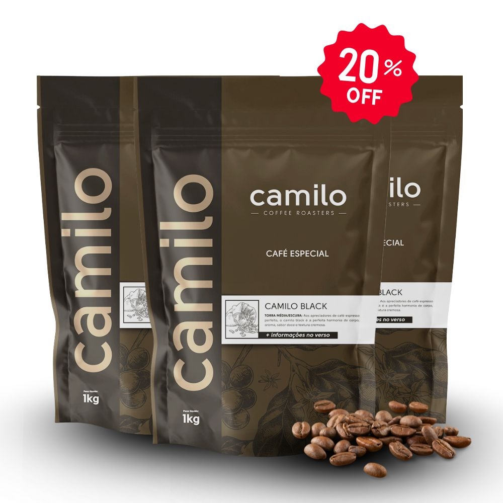 Kit Café Especial Camilo Black: 3 Pacotes 1Kg EM GRÃOS 100% Arábica + Porta Filtro Camilo