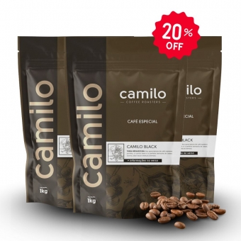 Kit Café Especial Camilo Black: 3 Pacotes 1Kg EM GRÃOS 100% Arábica + Porta Filtro Camilo